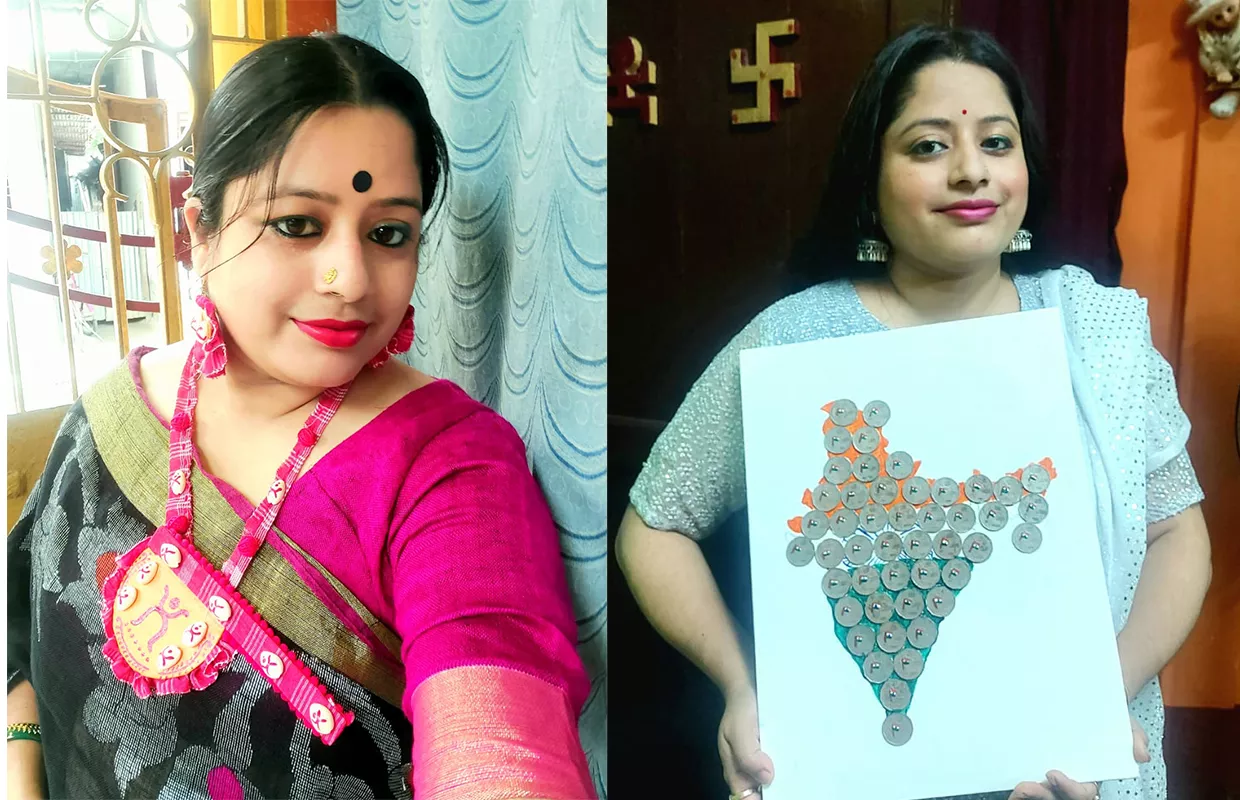 MOST NUMBER OF INDIAN FLAGS PAINTED ON TWO RUPEE COINS AND PASTED ON INDIAN MAP