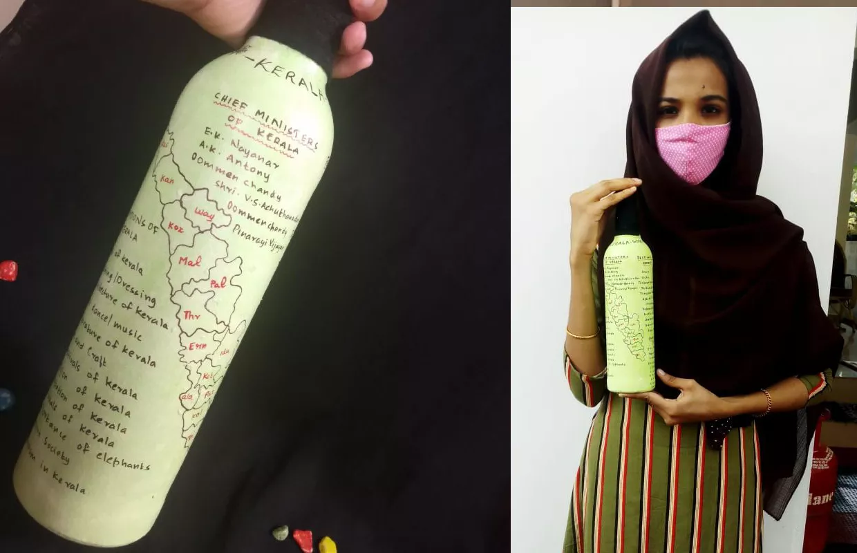 YOUNGEST TO DRAW KERALA MAP ON GLASS BOTTLE ALONG WITH ITS ALL CHIEF MINISTERS & FESTIVALS NAMES