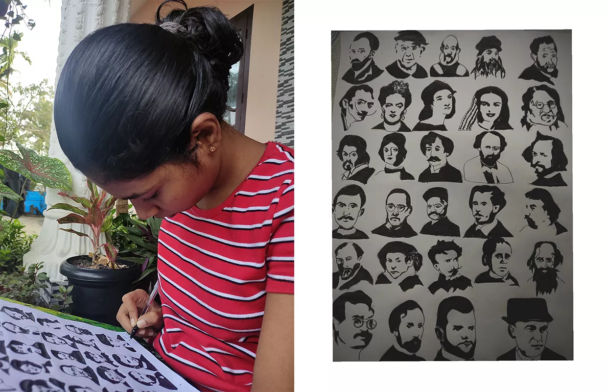 MOST NO OF STENCIL PORTRAITS MADE OF PAINTERS USING PEN ON SINGLE A4 SIZE SHEET