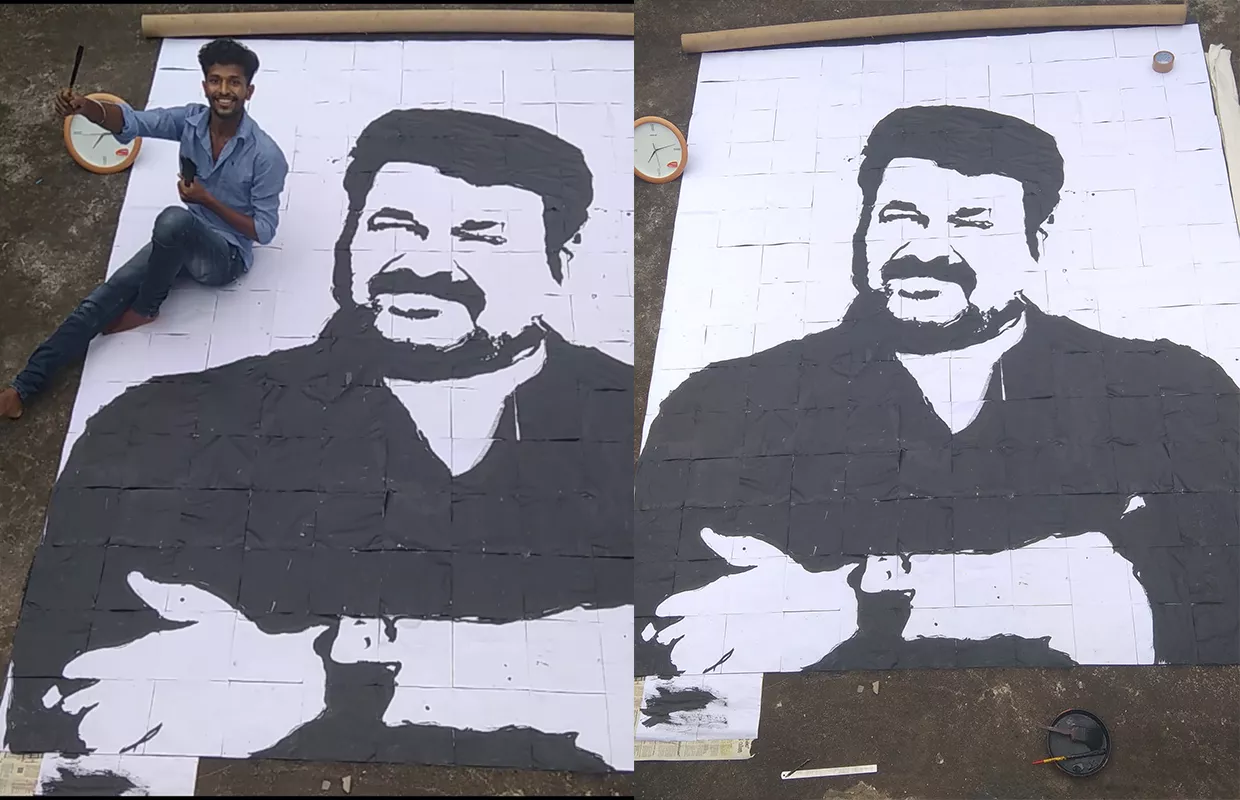 LARGEST STENCIL PORTRAIT OF AN INDIAN ACTOR MOHANLAL MADE WITH MOUTH