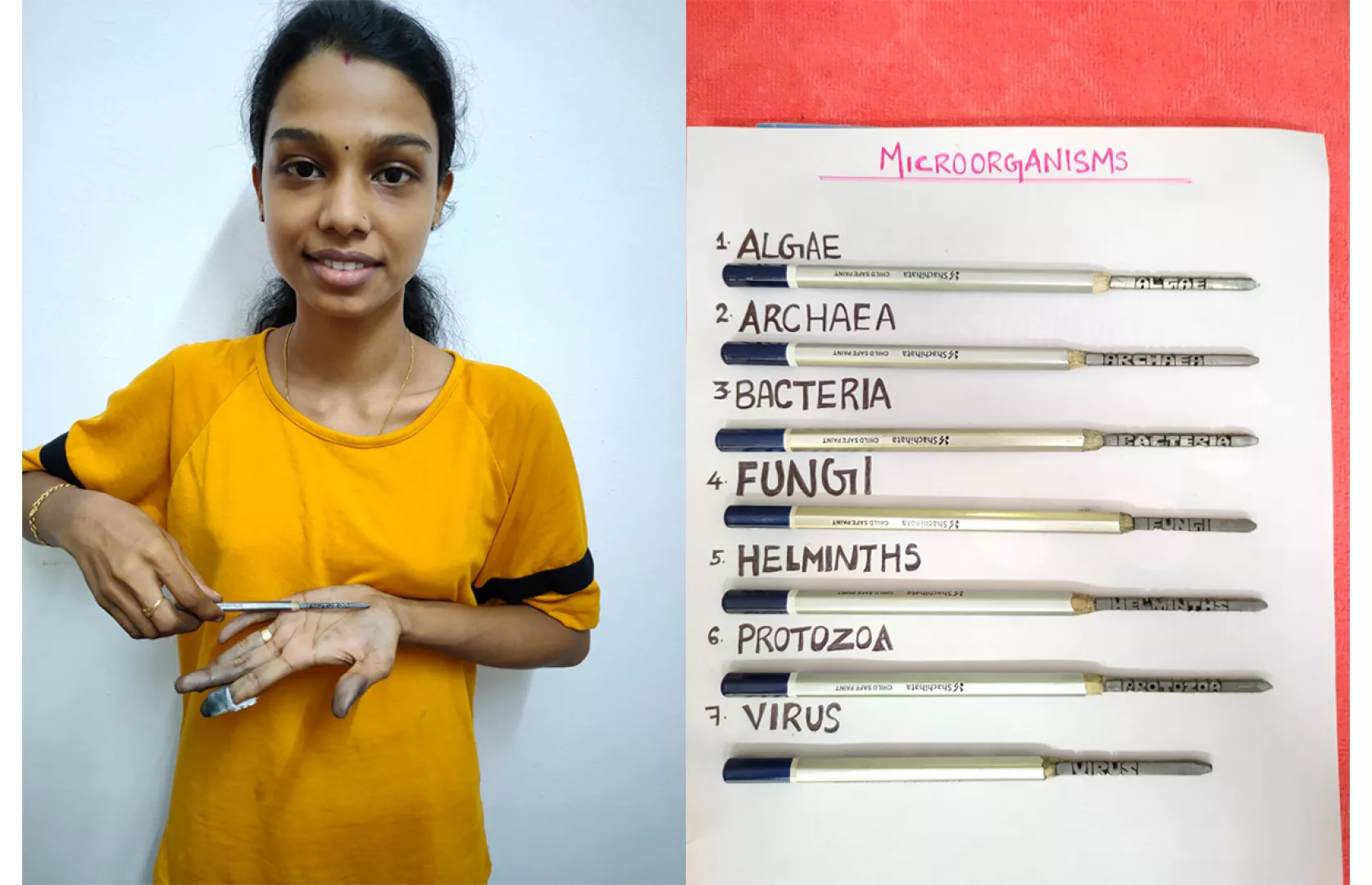 YOUNGEST TO CARVE MAXIMUM TYPES OF MICROORGANISMS ON PENCIL