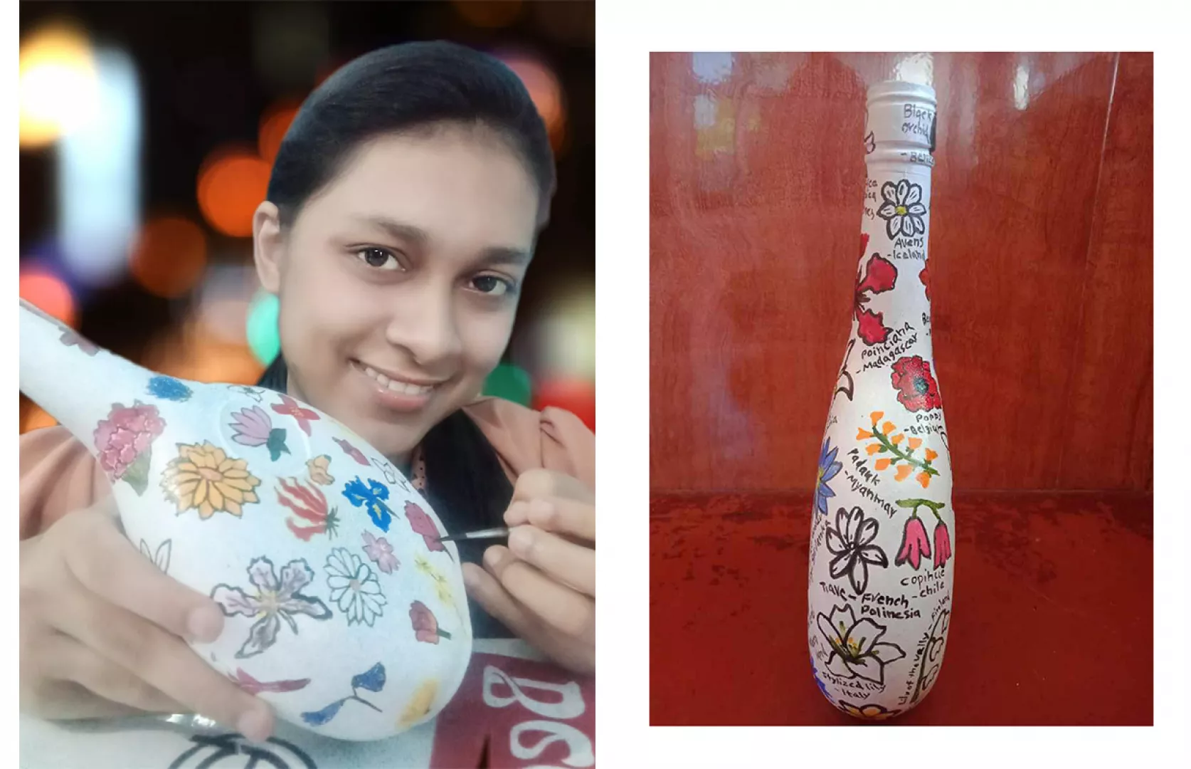 MOST NATIONAL FLOWERS PAINTED ON SINGLE GLASS BOTTLE (26 X 37 CM)