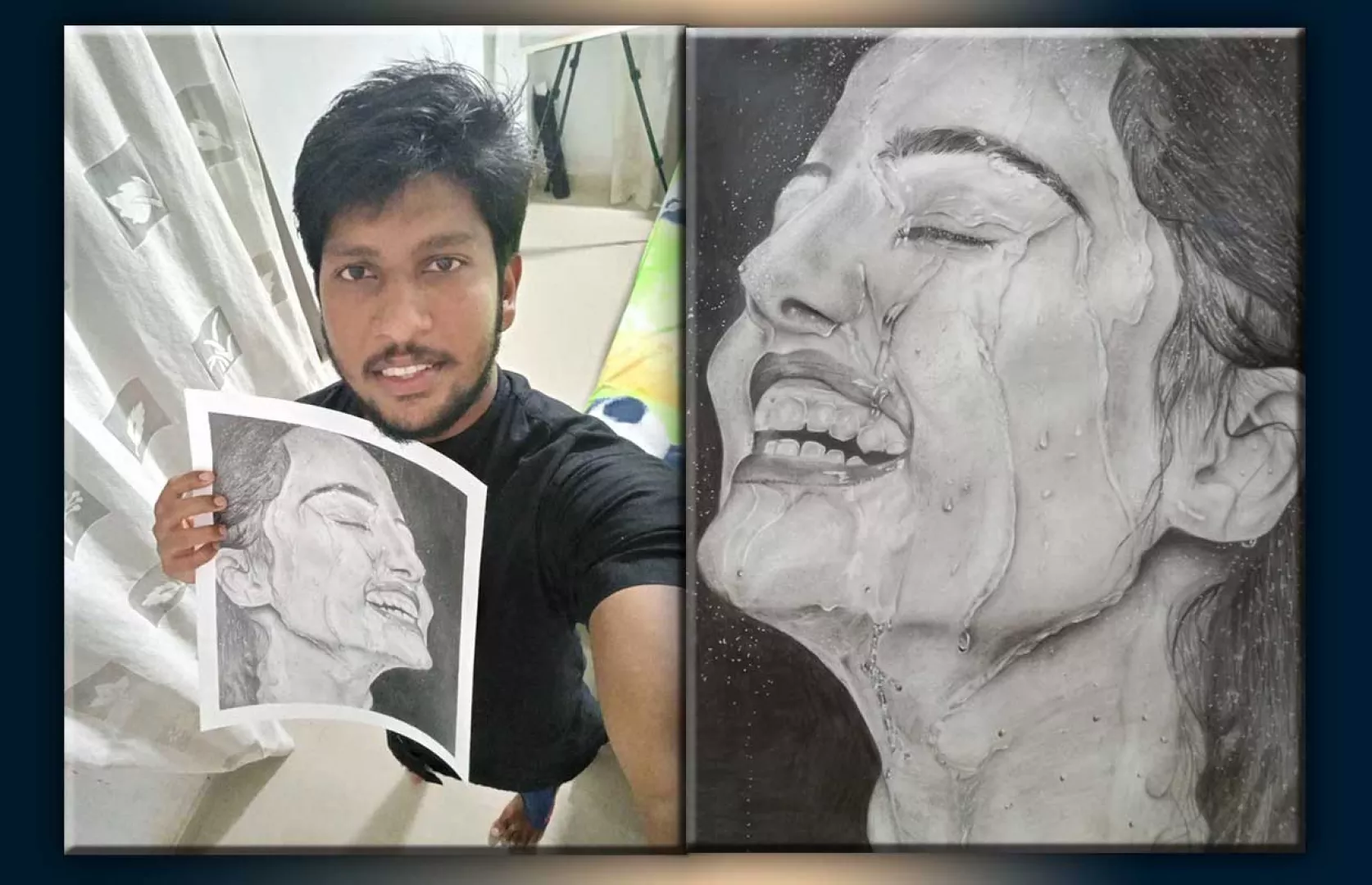 LARGEST PENCIL PORTRAIT OF FEMALE WITH WATER EFFECT USING GRAPHITE & CHARCOAL PENCILS