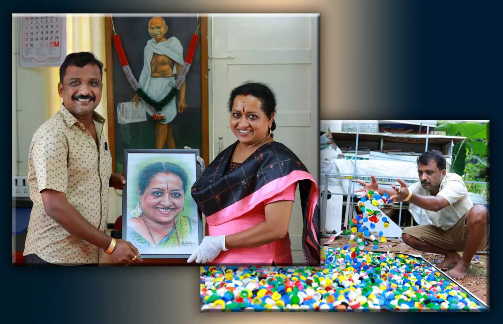 LARGEST PORTRAIT OF MAHATMA GANDHI MADE USING BOTTLE CAPS