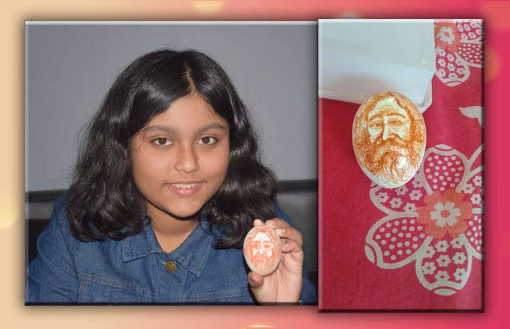 FASTEST TO DRAW COLOR PENCIL PORTRAIT OF RABINDRANATH TAGORE ON EGGSHELL (TEENAGER)