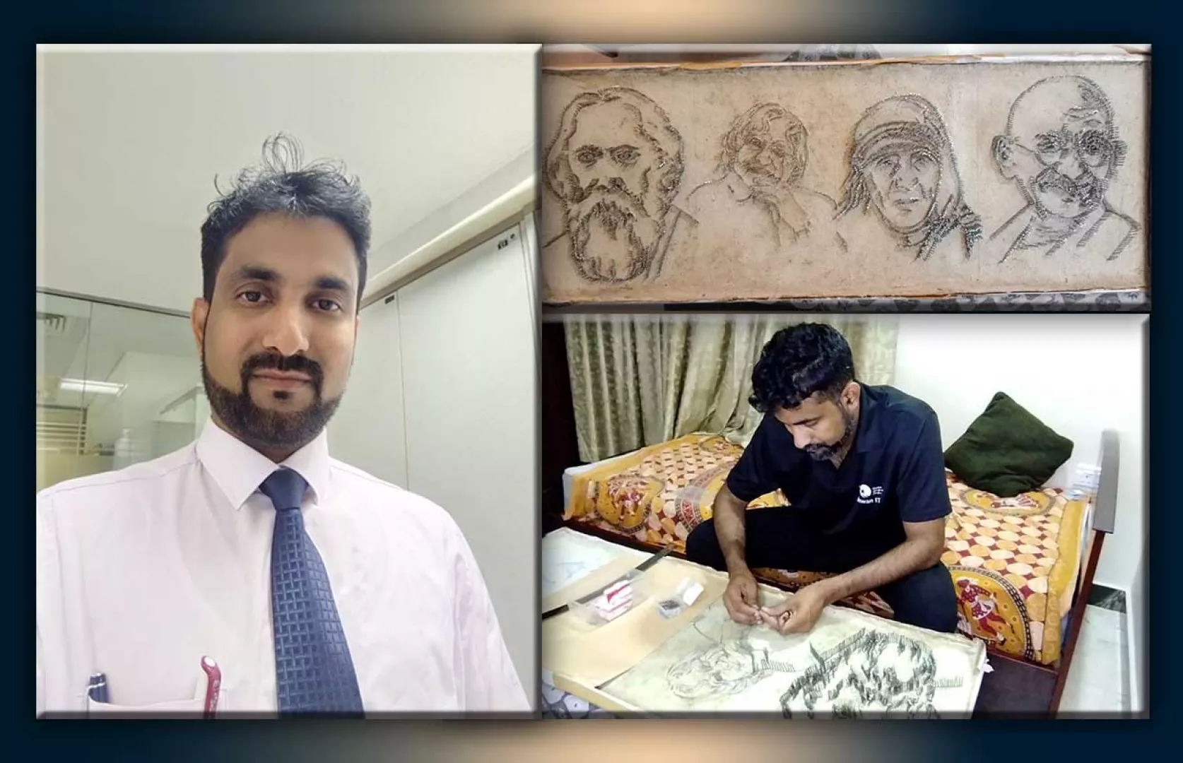 BIGGEST IRON NAIL ART OF MOST NUMBER OF FAMOUS INDIAN PERSONALITIES ON A SINGLE PAPER BOARD CANVAS
