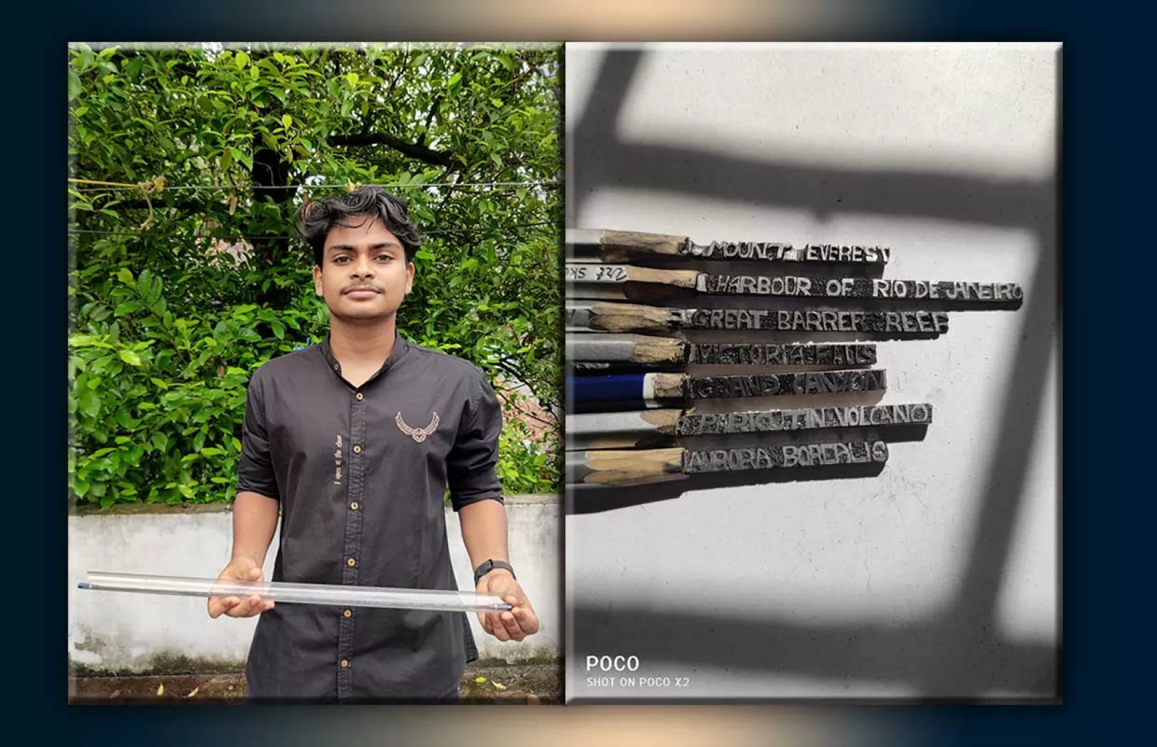 MOST NUMBER OF FOOTBALL PLAYERS NAMES CARVED ON PENCILS LEAD BY A TEENAGER