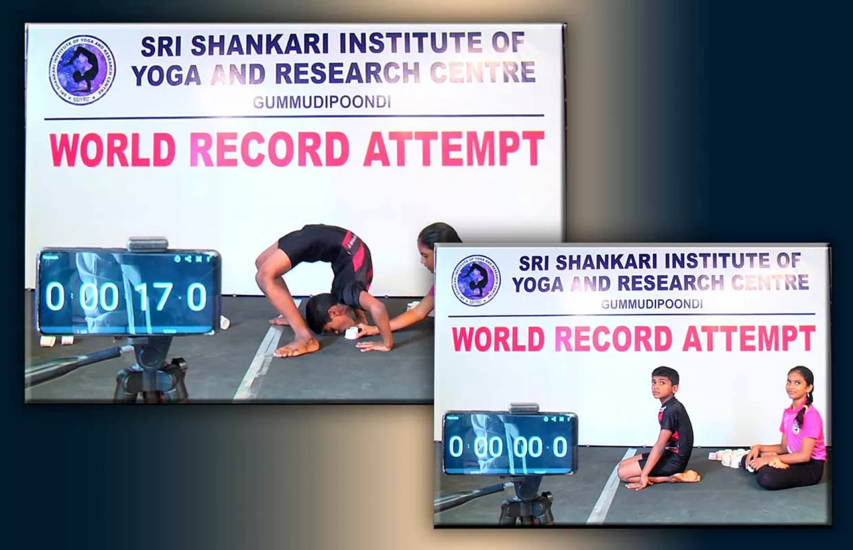 MOST PAPER CUPS PICKED WITH MOUTH IN CHAKRASANA YOGA POSE REPETITION IN ONE MINUTE (KID)”