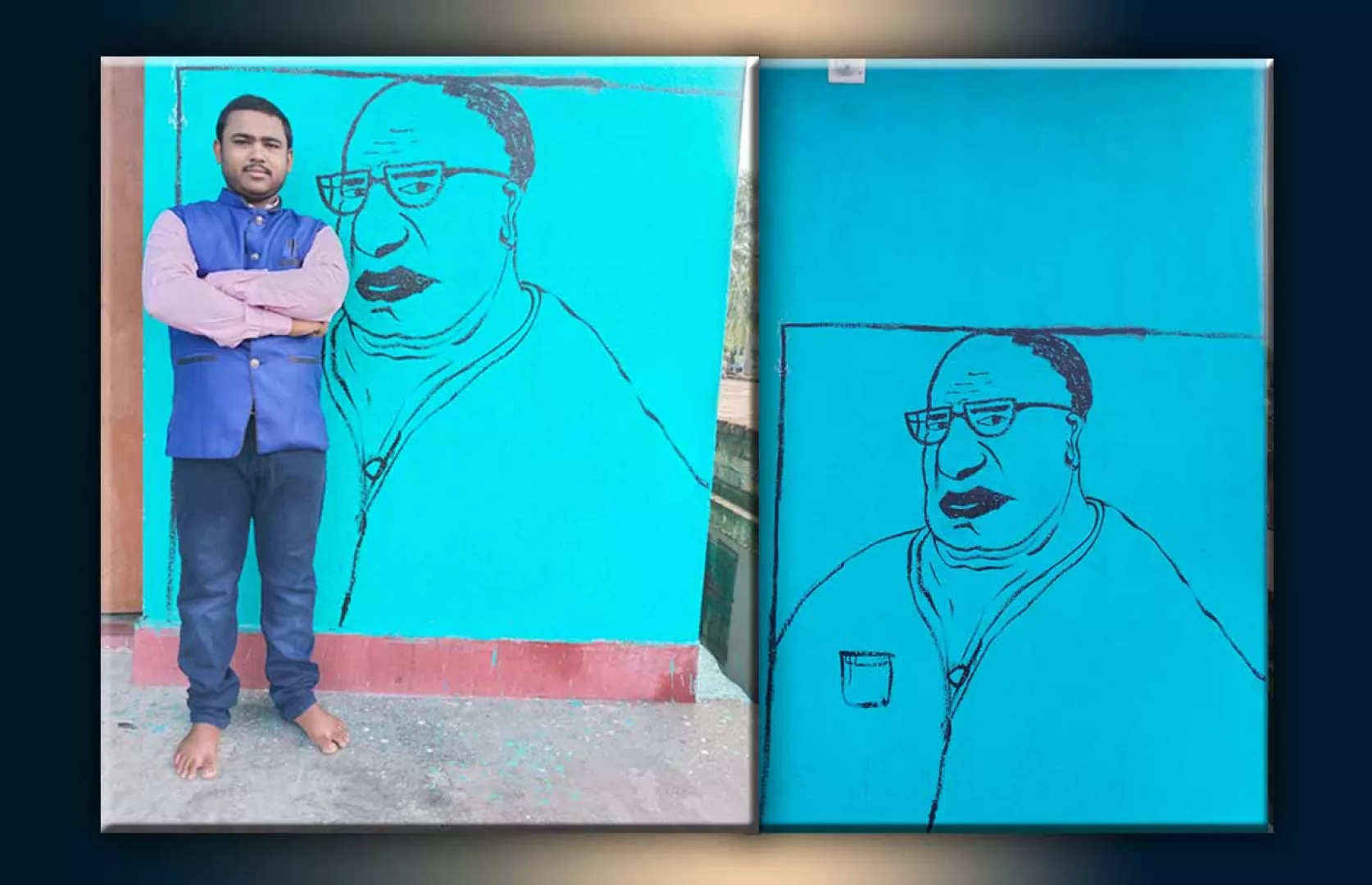LARGEST OUTLINE PORTRAIT OF BIJU PATNAIK (CM OF ODISHA) MADE ON WALL WITH MOUTH
