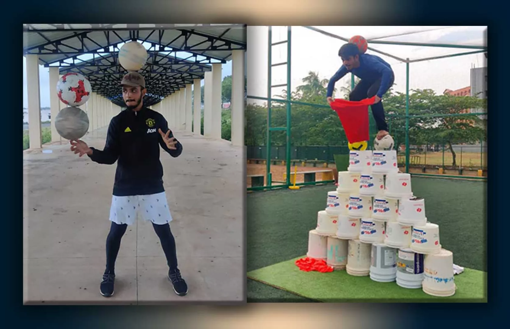 MAXIMUM SHIRTS REMOVED IN 45 SECONDS BY STANDING ON HIGHEST BUCKET PYRAMID AND BALANCING FOOTBALLS ON FEET AND BACK NECK