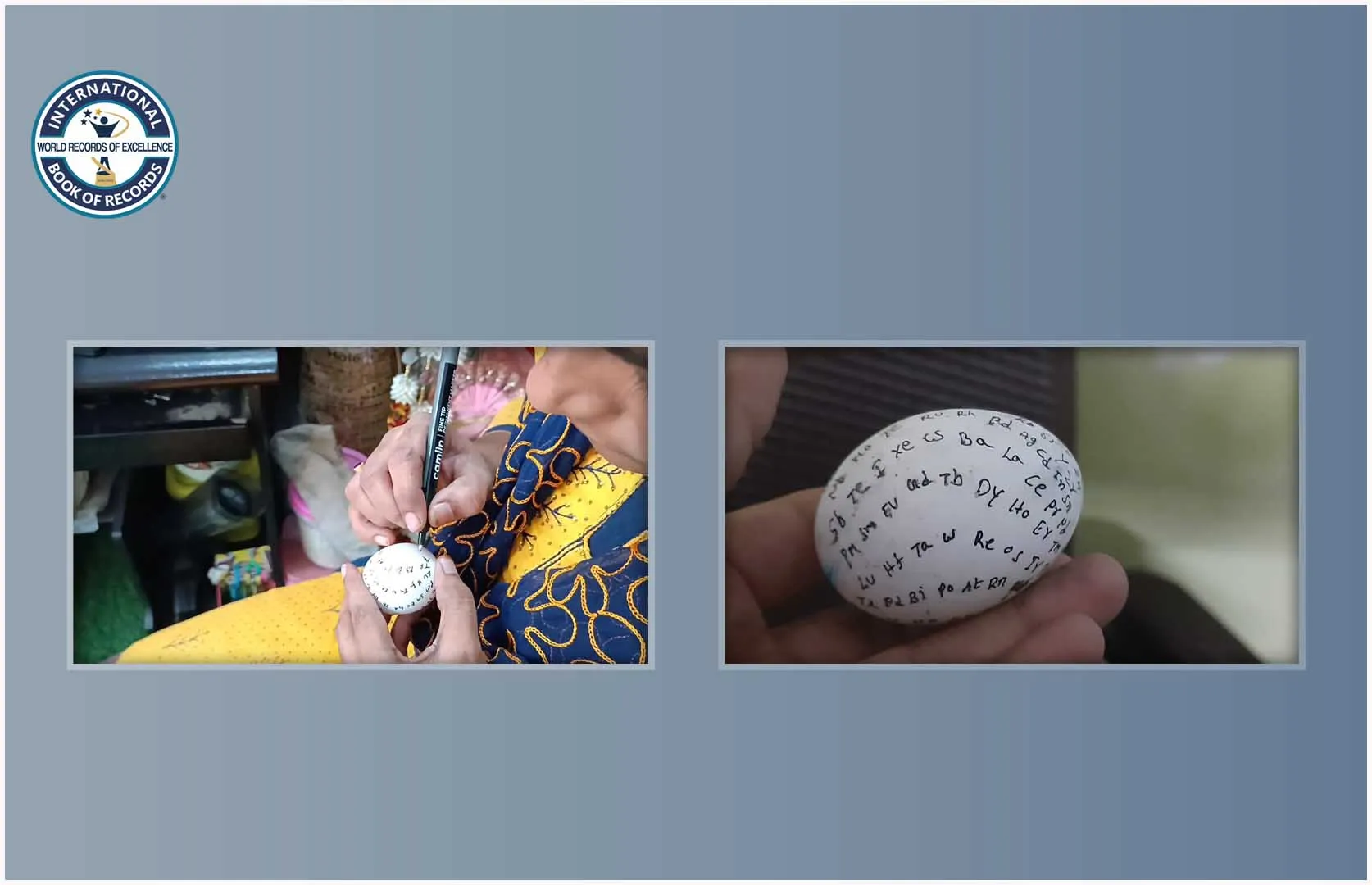 FASTEST TO WRITE ALL SYMBOLS OF PERIODIC TABLE ON AN EGG SHELL